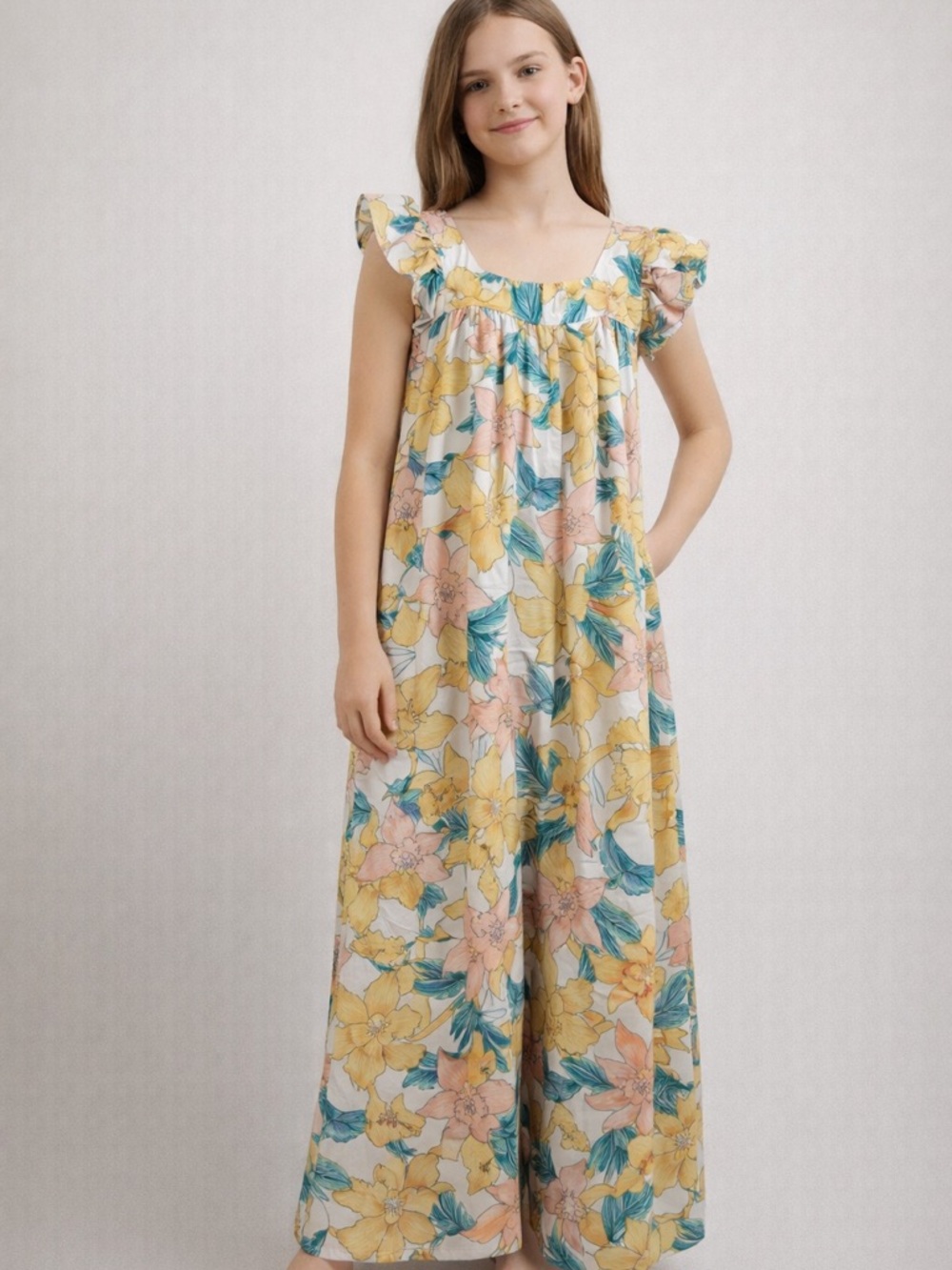 Hayden Girls Floral Wide Leg Jumpsuit Ruffle Sleeve Boho Size S